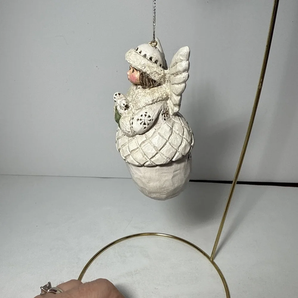 Vintage Pam Schifferl Acorn Angel White Signed Ornament For‎ Midwest With Dove
